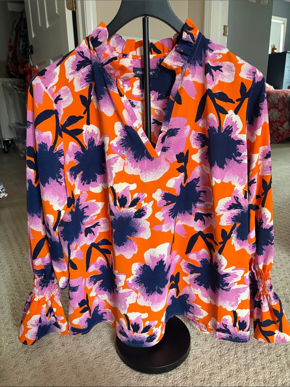 Orange Floral V-Neck Blouse with Navy and Pink Accents